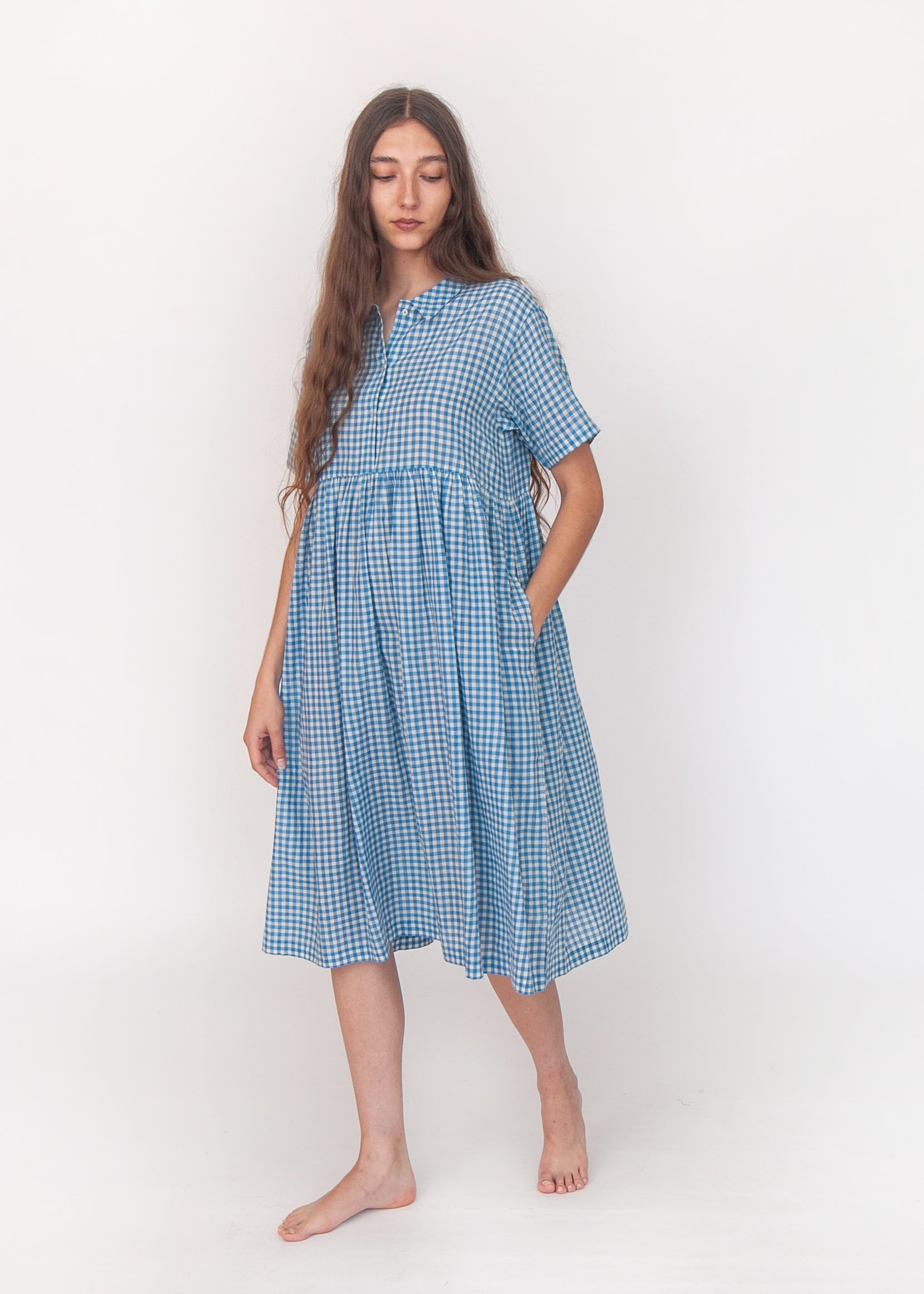 Dora Tie Dye Checks Dress - Lake