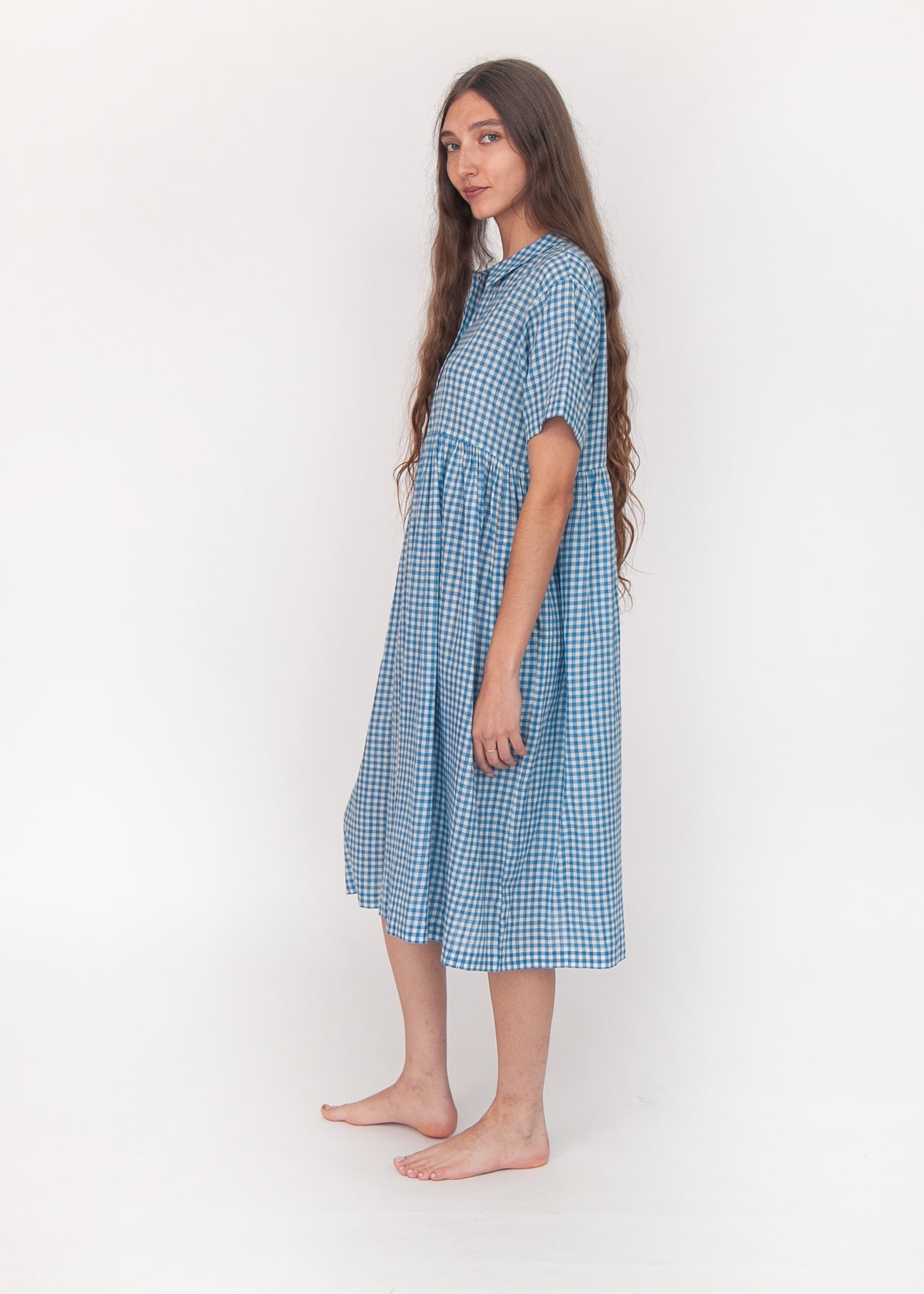 Dora Tie Dye Checks Dress - Lake