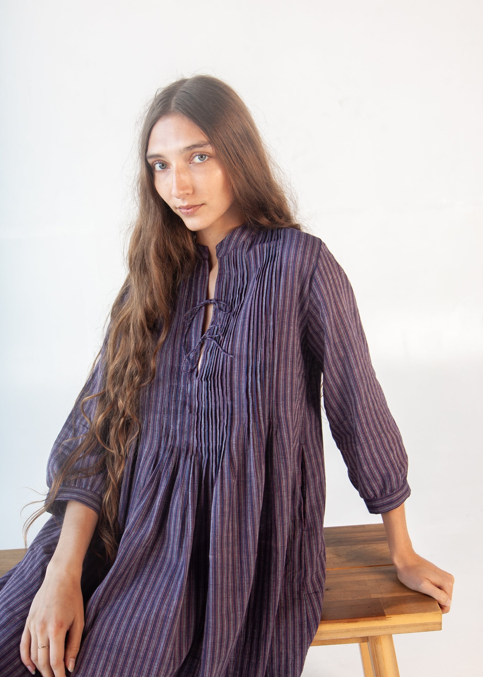 Aditi Ticking Stripe Dress - Blue/Maroon