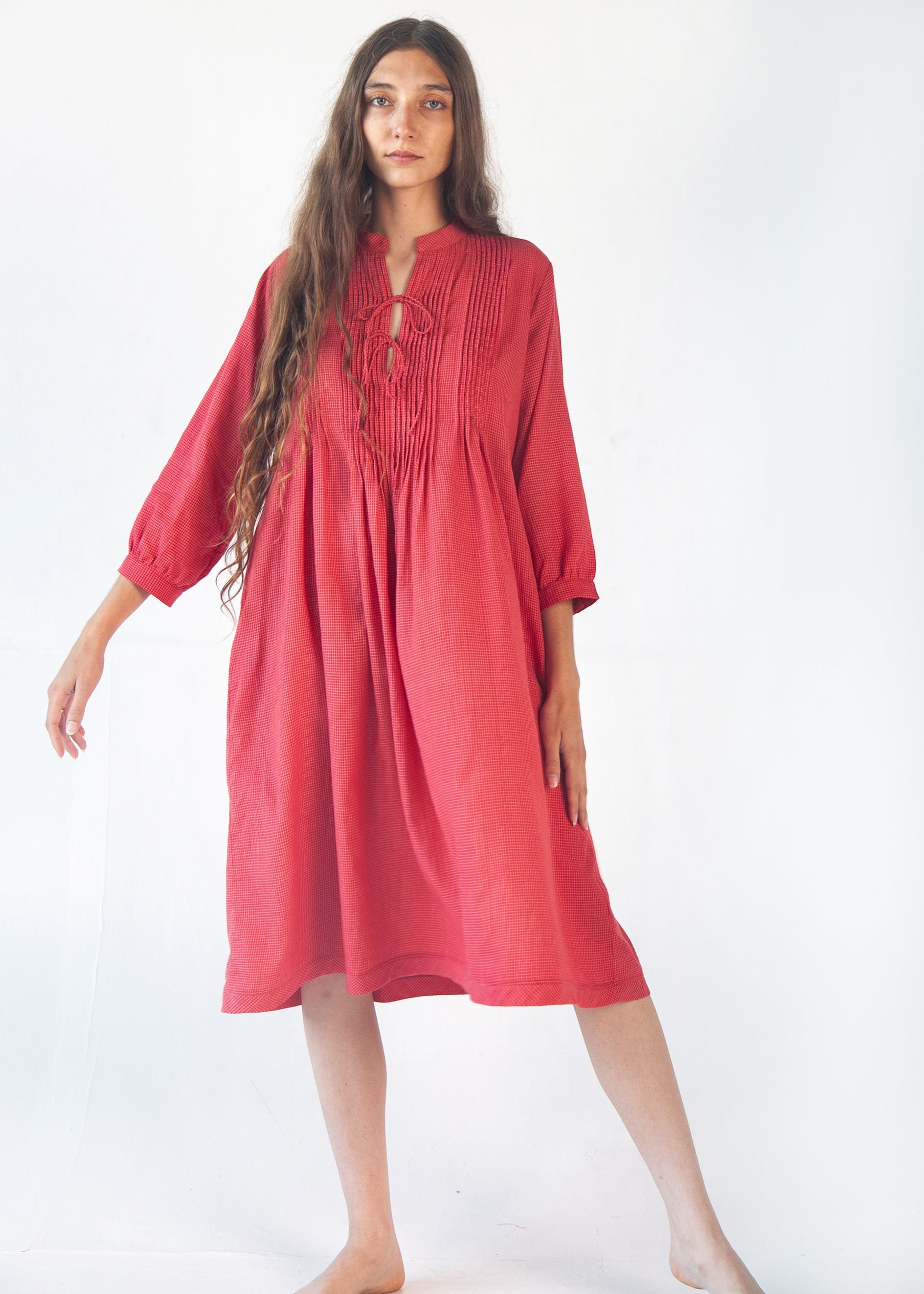 Aditi Tiny Checks Dress  - Red