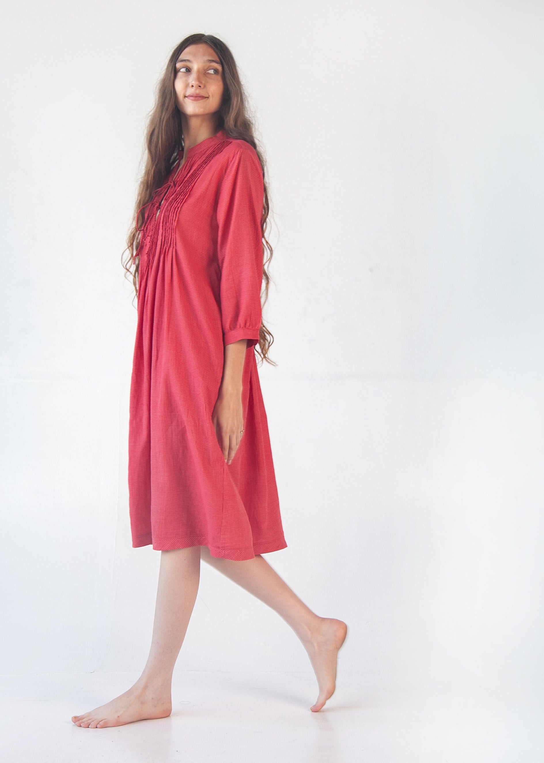 Aditi Tiny Checks Dress  - Red