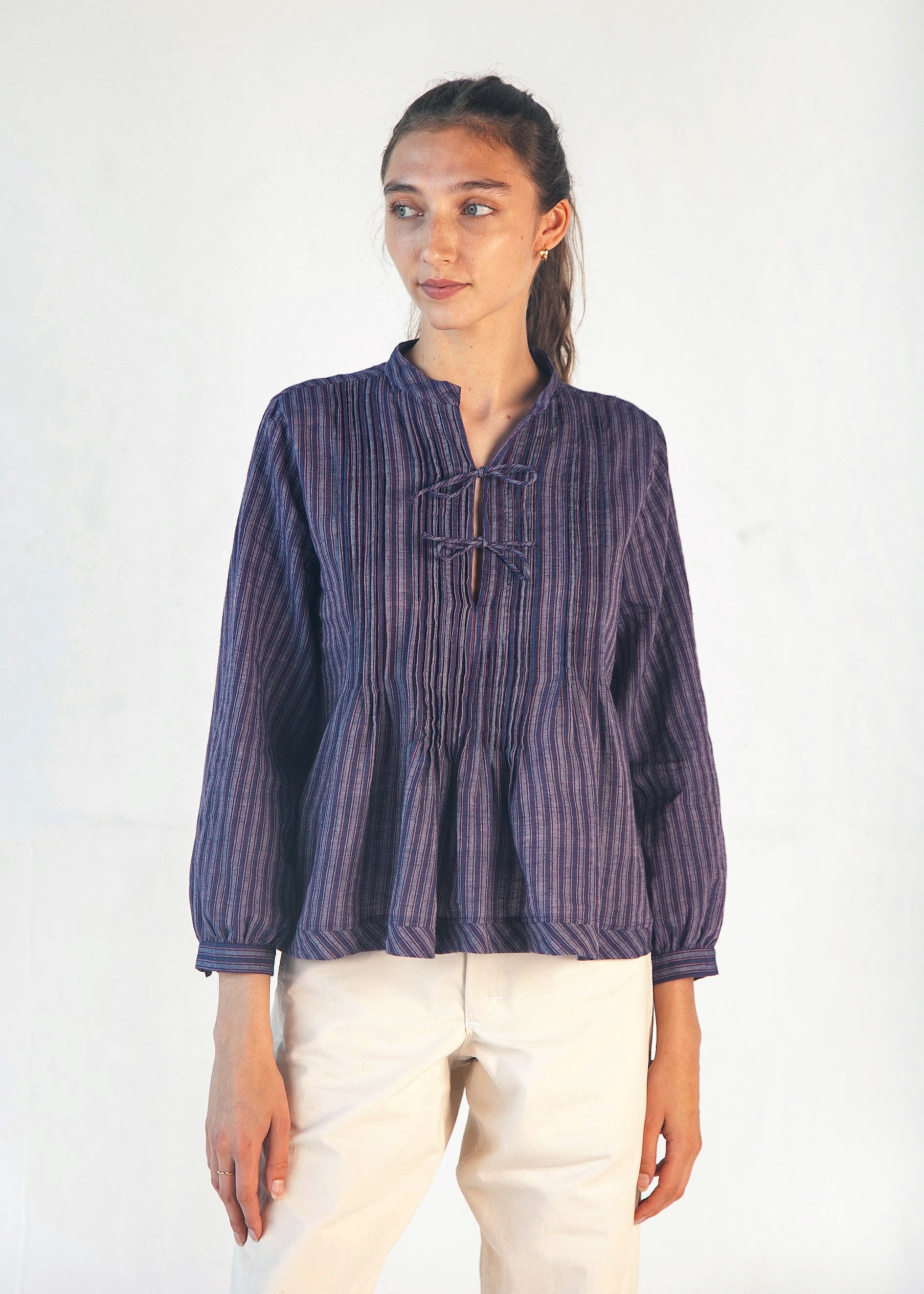 Alma Ticking Stripe Top - Blue/Maroon