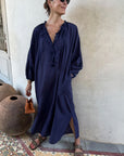 Ruffle Caftan - Navy Pinstripe by Two